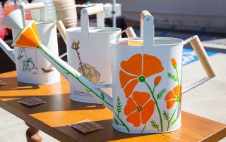 Winners of the Watering Can Art Competition on display at the Gate & Garden Tour.